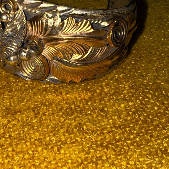 CHEE Native American Navajo Sterling Silver & Gold Appliques Eagle Cuff Bracelet - Picture 12 of 16